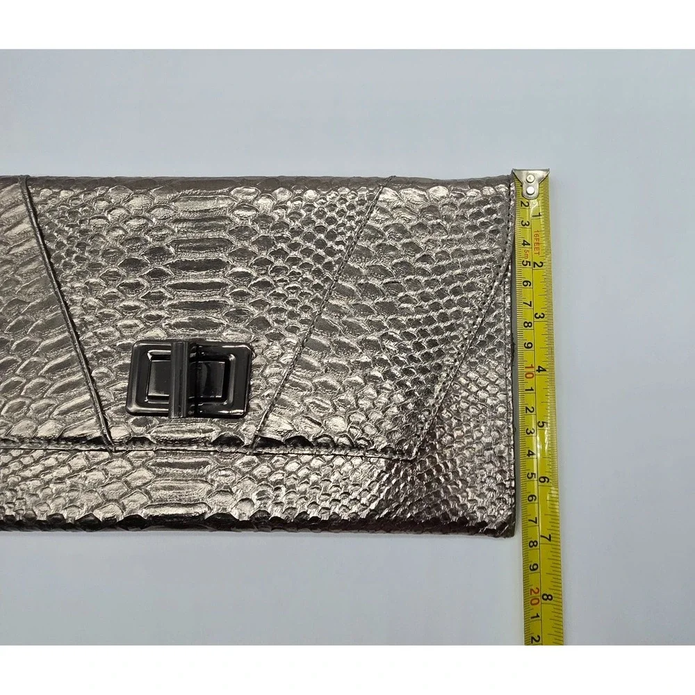 MMS Metallic Snakeskin Embossed Clutch Evening Bag Gunmetal Chain Strap
